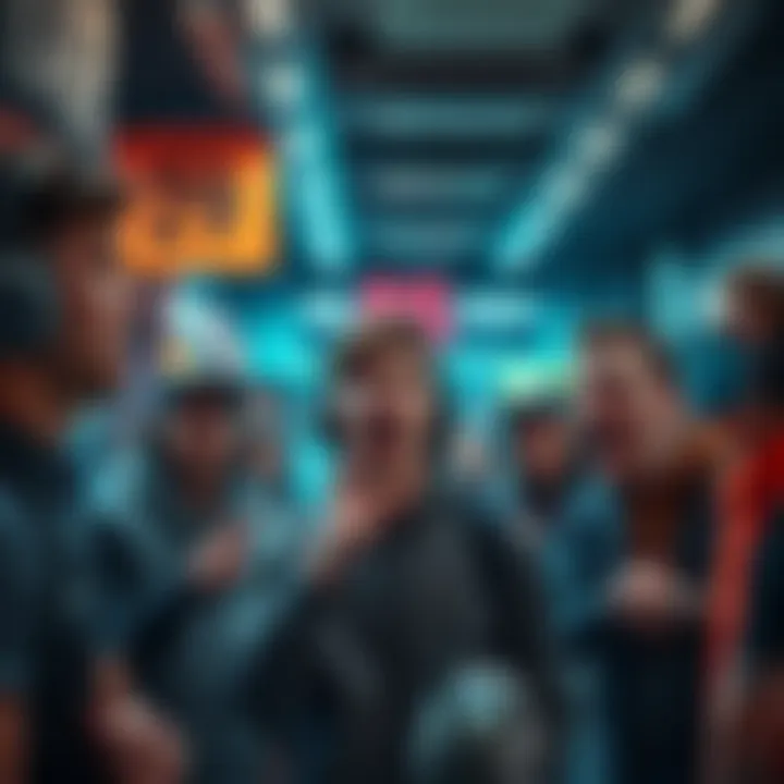 Group of British gamers expressing anger about high skin prices in a gaming store