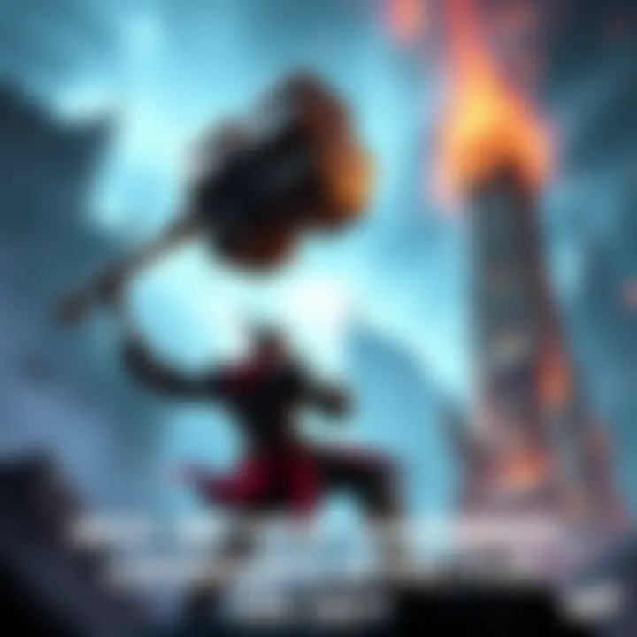 Outworld Destroyer character holding a Meteor Hammer, looking at a broken tower in a game setting