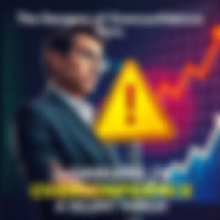 A businessman confidently ignoring warning signs on a graph, representing the risks of overconfidence in decision-making.