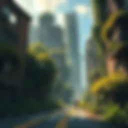 A scene depicting a lush, overgrown city with crumbling buildings and greenery taking over the streets, showcasing a blend of nature and urban decay.