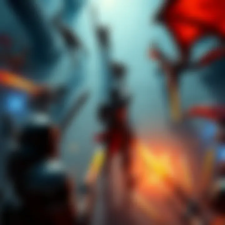 A scene showing characters battling in a fantasy setting from an overhead perspective.