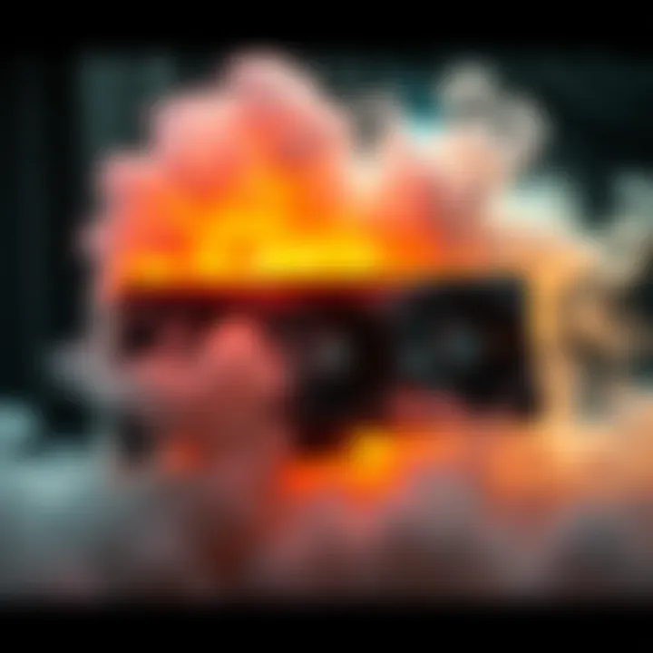 Overheating RTX 4090 Graphics Card NVIDIA RTX 4090 graphics card with smoke and heat waves, showing signs of overheating during gaming session
