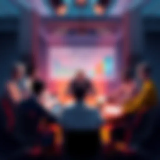 A group of people debating overkill and over healing strategies at a round table with charts and graphs