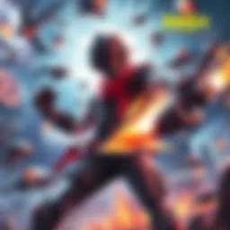 A powerful gaming character battling enemies in a vibrant game world, showcasing skills and abilities