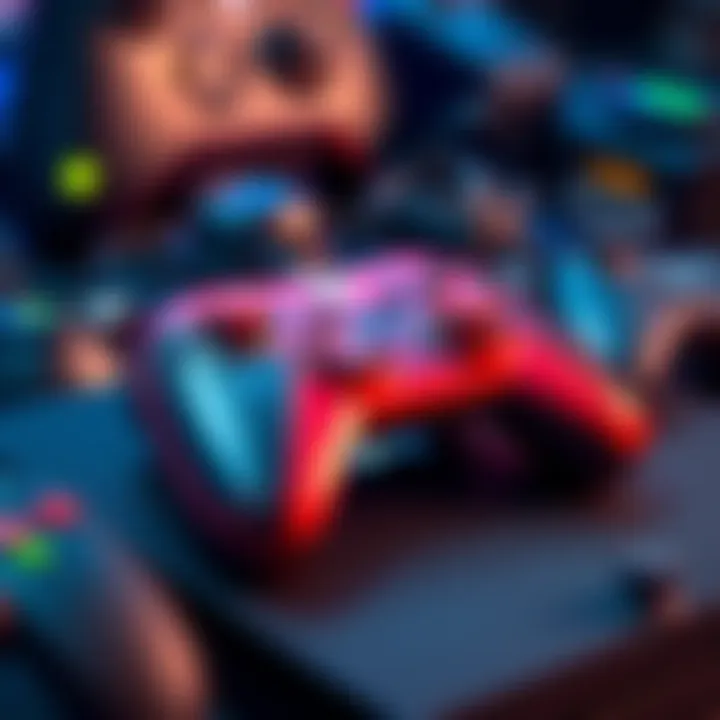 A close-up of a $100 Spider-Man themed gaming controller resting on a gaming console, surrounded by other gaming accessories.