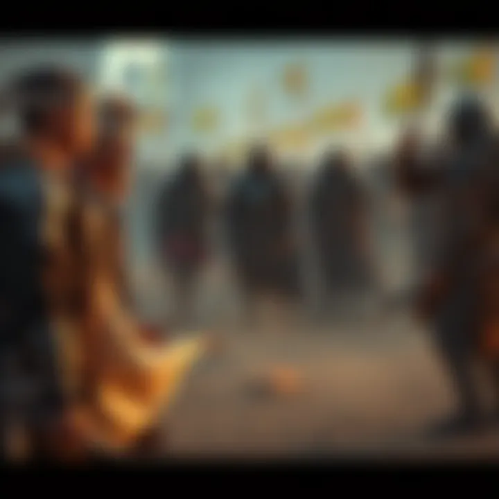 An intense scene depicting Overseers standing firm against Outsiders, showcasing a clash of ideals and cultures