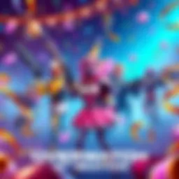 Colorful Overwatch characters in celebration mode with new skins including Maid Ramattra, surrounded by confetti and festive decorations