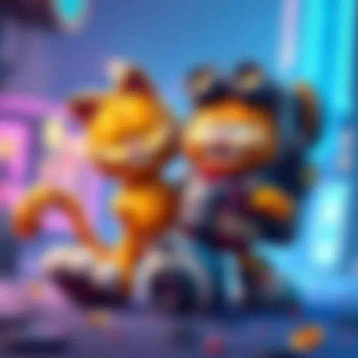 Overwatch character meets Garfield in a colorful crossover scene with playful designs.