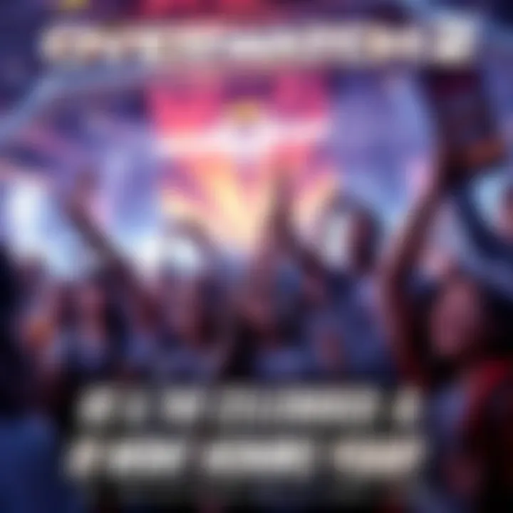 Fans celebrating the release of Overwatch 2 with smiles and excitement, showcasing banners and merchandise in a lively atmosphere.