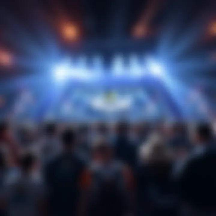 Overwatch 6v6 Mode Announcement Fans eagerly gathering around a BlizzCon stage, with Overwatch 6v6 mode graphics on display and excitement in the air