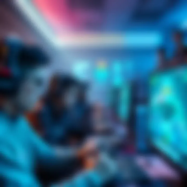 A competitive gaming scene showing players frustrated over account sharing issues in Overwatch, with computers and game controllers in the foreground.