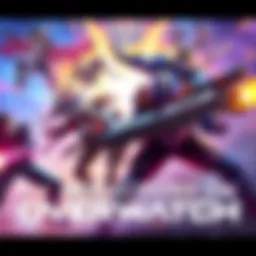 A dynamic battle scene showcasing heroes from Overwatch in vibrant colors, highlighting teamwork and strategy.