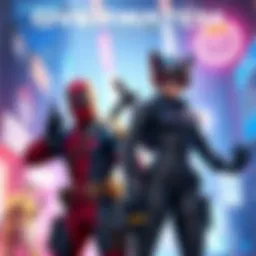Concept art featuring characters inspired by Deadpool and Black Cat in a vibrant Overwatch setting