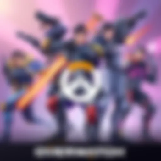 Illustration of Overwatch characters in dynamic poses, showcasing their distinct abilities and colorful designs