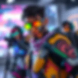 An Overwatch character displaying vibrant cosmetic skins in a gaming environment