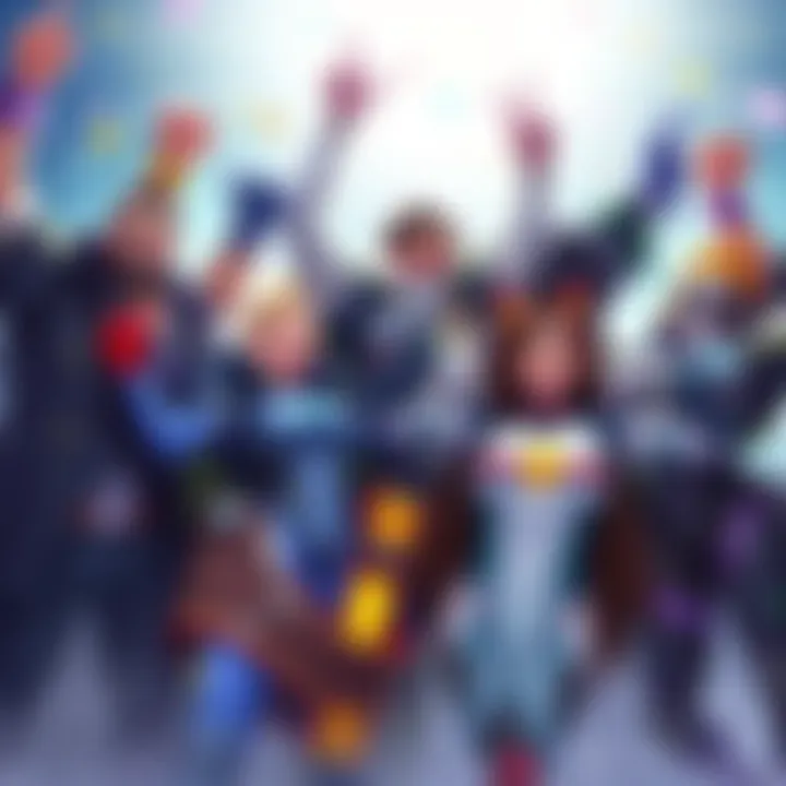 Overwatch characters celebrating A group of diverse Overwatch characters joyfully celebrating together, symbolizing player support for the game.