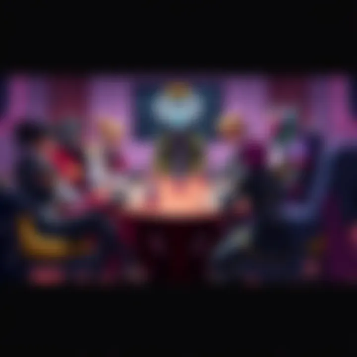 A group of Overwatch characters gathered around a table debating their hero designs, with focus on Widowmaker, Hog, Lifeweaver, and Sombra.