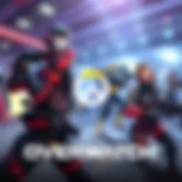 Artwork featuring characters from Overwatch in a competitive setting, showcasing 'Reign of Talon: Conquest' cosmetics with a black and red theme.