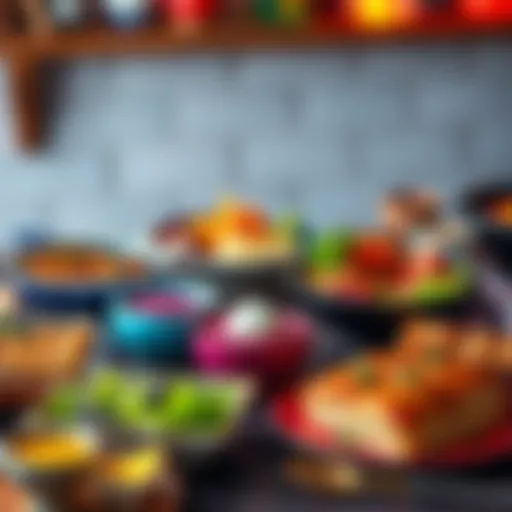 Overwatch Cookbook Recipes A colorful spread of dishes inspired by Overwatch characters, featuring chicha morada, smรธrrebrรธd, and baklava on a table.