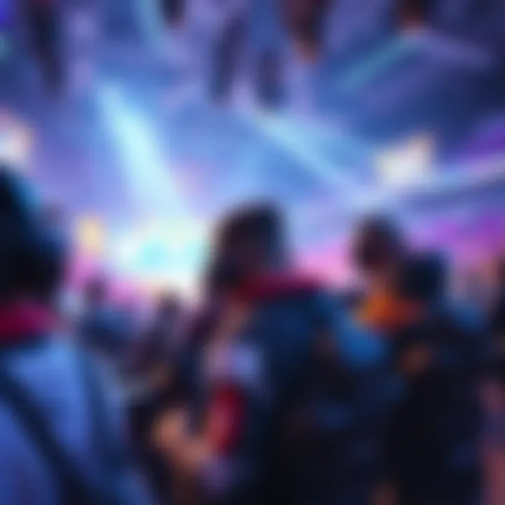 Overwatch players competing in a vibrant esports arena with fans cheering