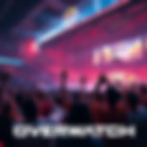 A packed esports arena with fans cheering for Overwatch players on stage