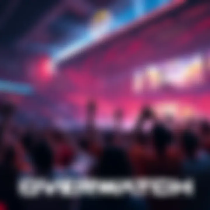 A packed esports arena with fans cheering for Overwatch players on stage