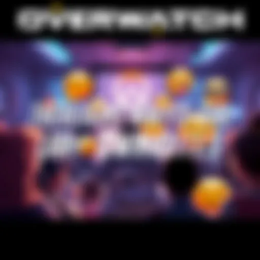 A digital art representation of people discussing Overwatch opinions with various emoticons showing mixed reactions like thumbs up and down.