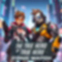Characters from Overwatch including Tracer and Winston, standing together with a backdrop of a futuristic city.