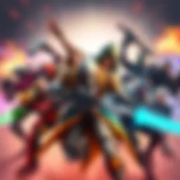 A group of diverse Overwatch heroes showcasing their unique colors, poses, and abilities in a vibrant battle scene.