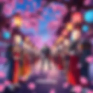 A vibrant scene featuring Overwatch characters dressed in traditional Japanese attire surrounded by cherry blossoms and lanterns.