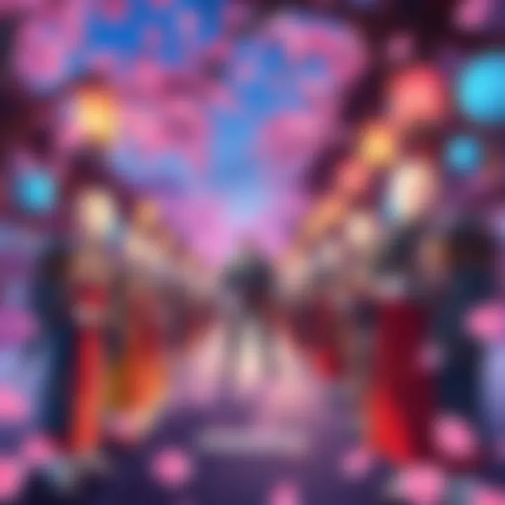 A vibrant scene featuring Overwatch characters dressed in traditional Japanese attire surrounded by cherry blossoms and lanterns.