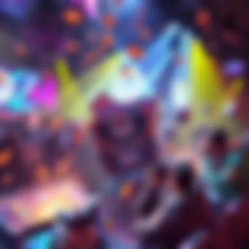 A scene from Overwatch esports showing lootboxes dropping during a game event with excited players and colorful graphics.