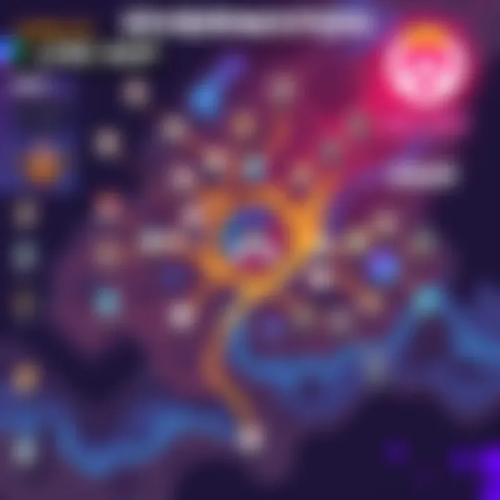 Illustration of Overwatch lore map showing connections between characters and organizations, featuring Sombra prominently.