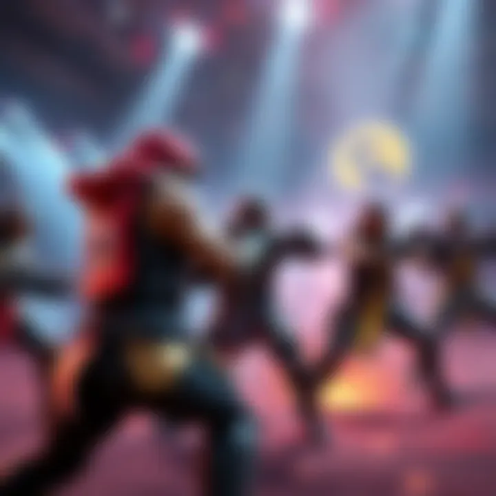A scene showing Overwatch characters battling against Mortal Kombat fighters in an arena setting with intense action and vibrant visuals.