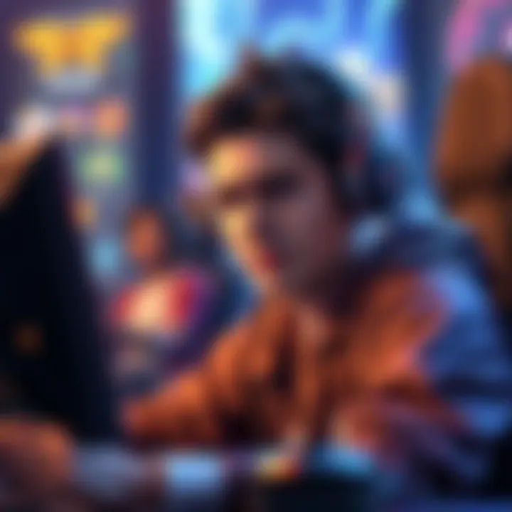 Overwatch player frustrated A gamer playing Overwatch with a frustrated expression, showing signs of dissatisfaction during a match, surrounded by colorful game graphics.