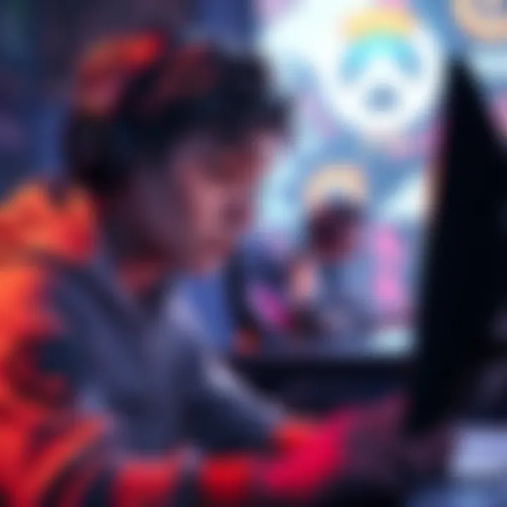 A gamer looking stressed while playing Overwatch on a computer, showing disappointment on their face as they stare at the screen.