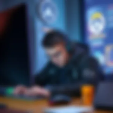 An Overwatch player sitting at a desk, looking stressed while playing the game, with a headset and gaming gear.