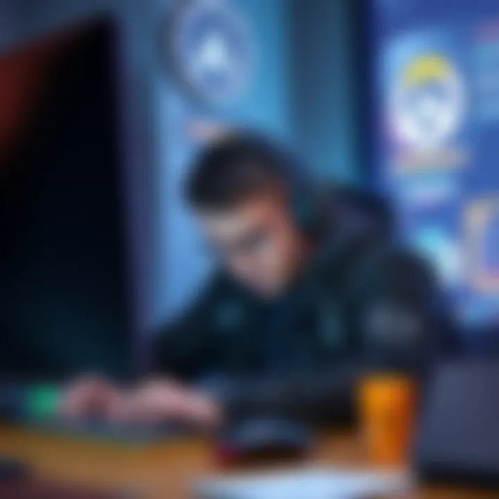 An Overwatch player sitting at a desk, looking stressed while playing the game, with a headset and gaming gear.