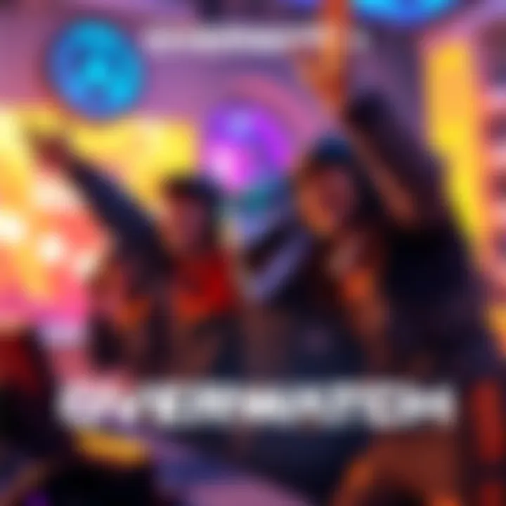 A group of gamers celebrating while playing Overwatch, showing excitement and teamwork in a vibrant gaming environment.