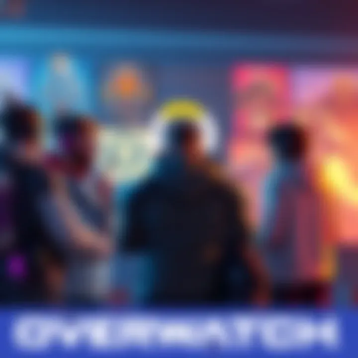 A group of gamers passionately discussing Overwatch's lore with character posters in the background