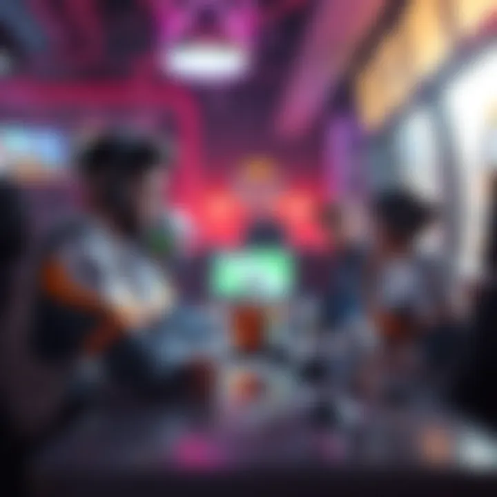 A group of Overwatch players sharing concerns about Season 9 health pool adjustments at a gaming cafe