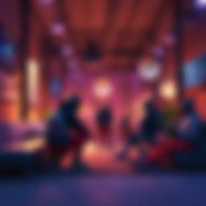 A group of Overwatch players hanging out and practicing together in an informal space, resembling a vibrant gaming lounge.