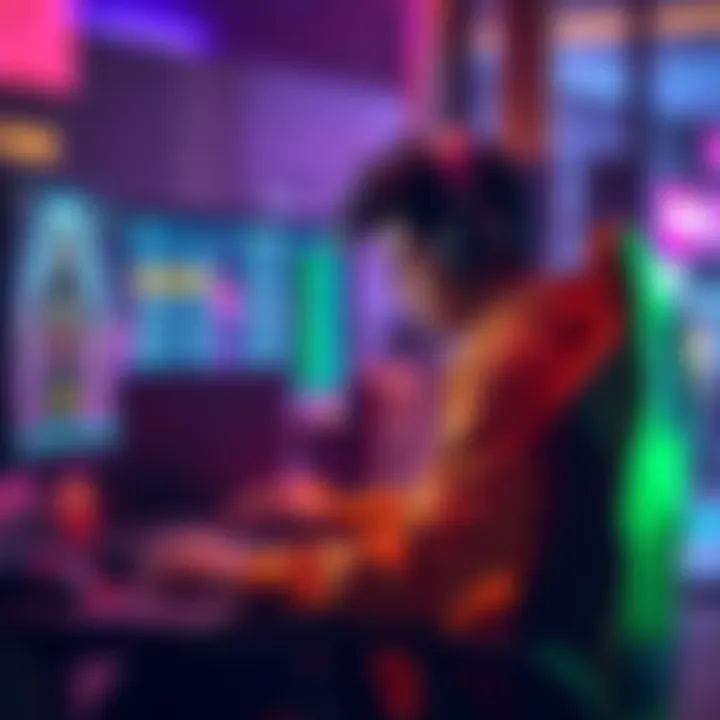 A gamer sitting at a computer looking frustrated after a rank drop in Overwatch, with the game screen showing low ranks