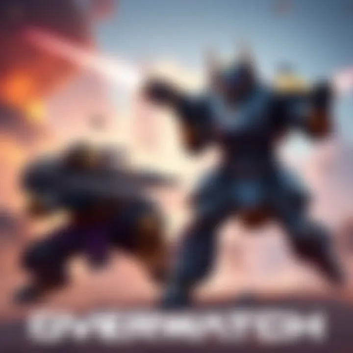 A dynamic scene showing Reinhardt and Winston battling in Overwatch, showcasing their tank roles and strategies in gameplay.