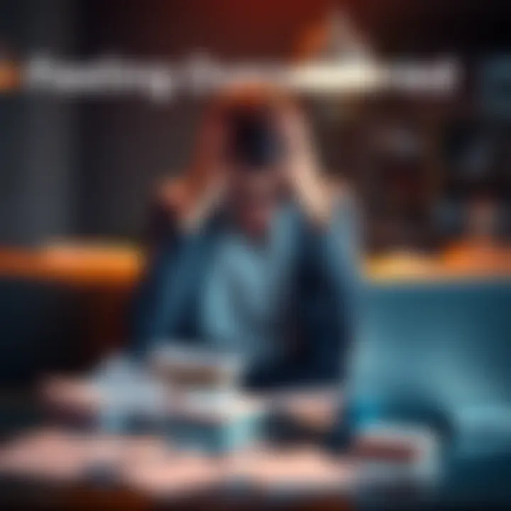 A person looking overwhelmed, sitting with their head in hands, surrounded by papers and a laptop, illustrating the stress of facing challenges.