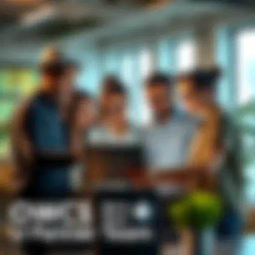 A diverse group of professionals discussing and collaborating over a laptop in a modern office setting.