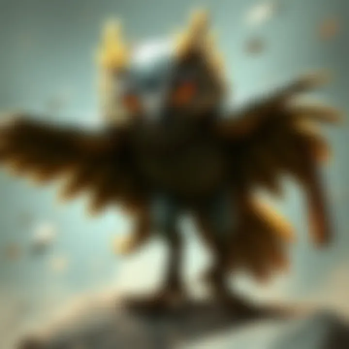 Concept art of a fast-striking owl creature designed as an enemy in a Metroidvania game, showcasing its sharp features and dynamic pose ready to attack.