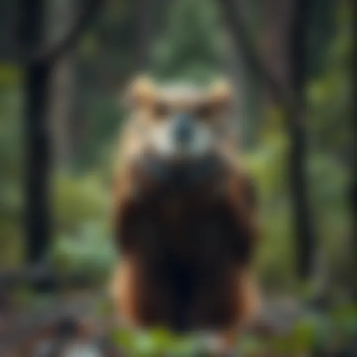 Owlbear in a forest A large, mythical creature resembling a mix of an owl and a bear, standing in a lush forest, showcasing its beak and bear-like features.