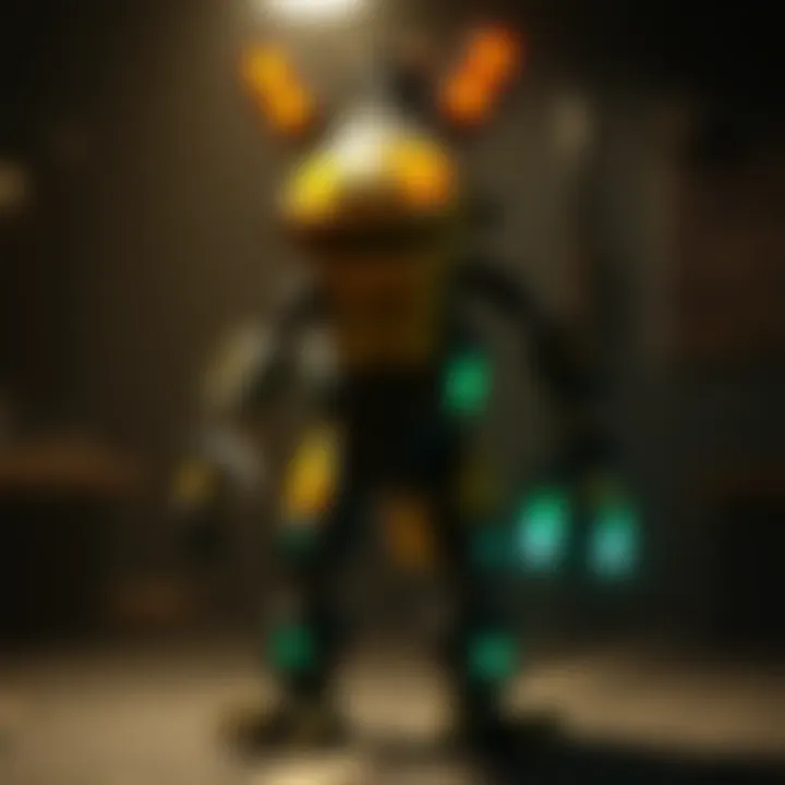 P50 Springtrap stands in a dimly lit environment, showcasing its unique design and features, capturing attention with its mechanical aspects and eerie presence.