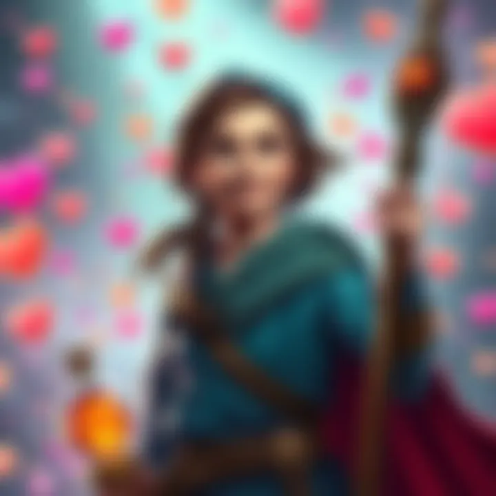 A young girl dressed as a fighter in a role-playing game, smiling while holding a healing staff, surrounded by colorful fantasy elements like potions and floating hearts.